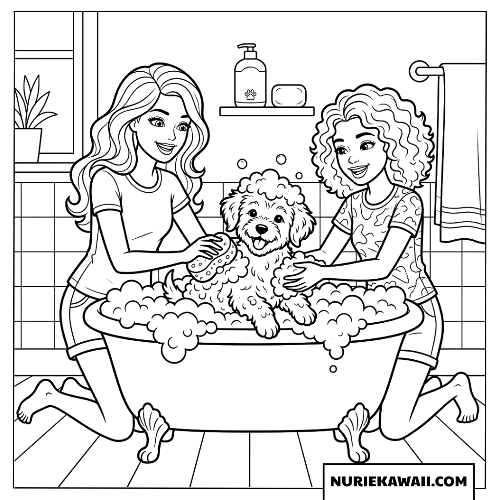 子犬を泡いっぱいのバスタブでお風呂に入れるバービーと友達の塗り絵