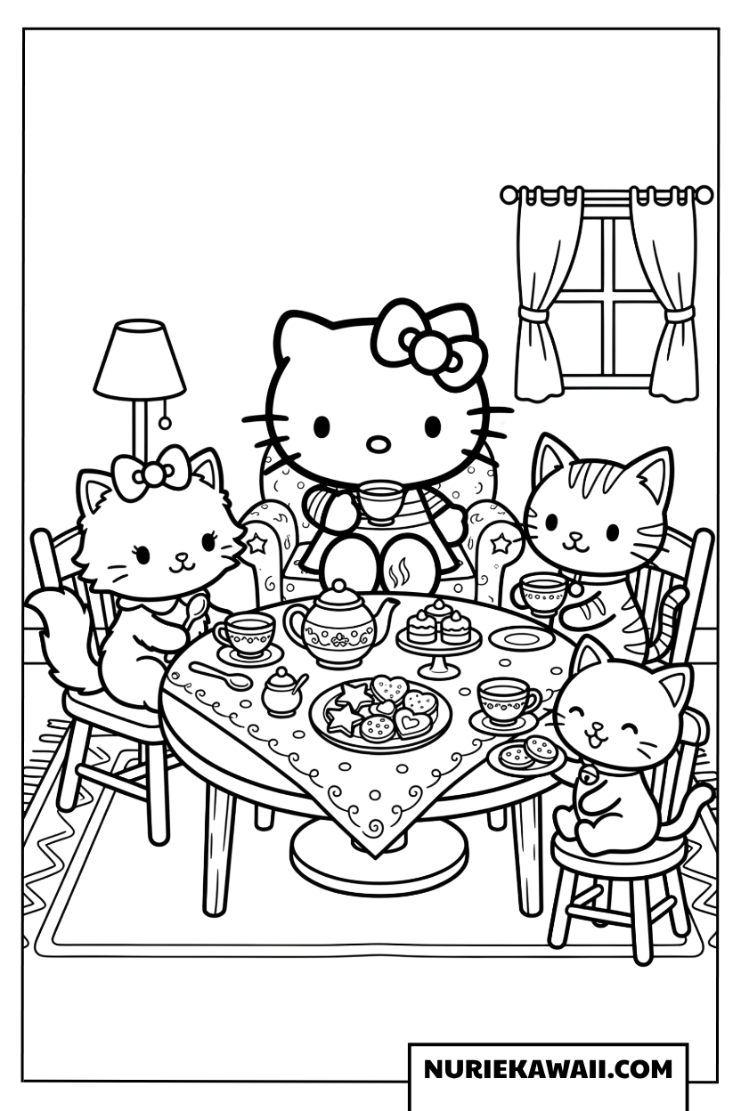 子猫たちとお茶会を楽しむハローキティの塗り絵