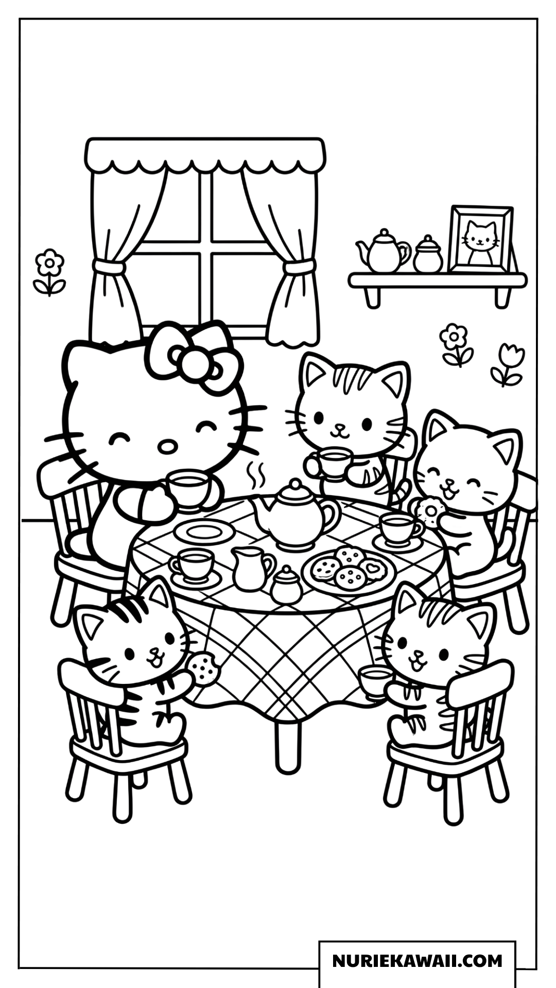 子猫たちとお茶会を楽しむハローキティの塗り絵
