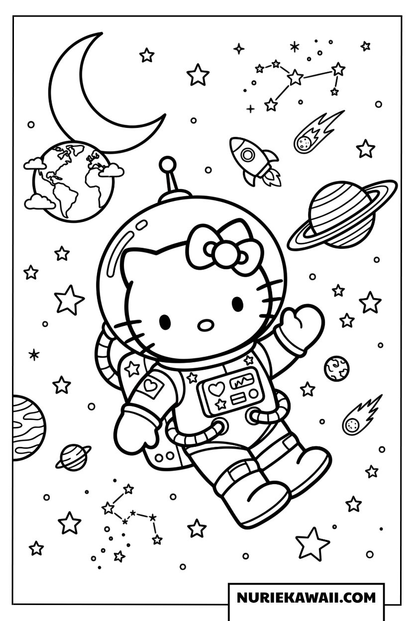 宇宙を探索する宇宙飛行士ハローキティの塗り絵