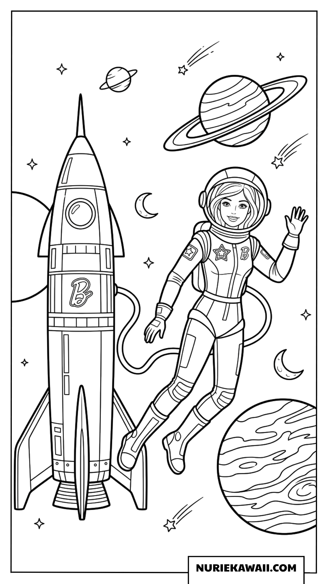 宇宙を旅する宇宙飛行士バービーのロケットぬりえ