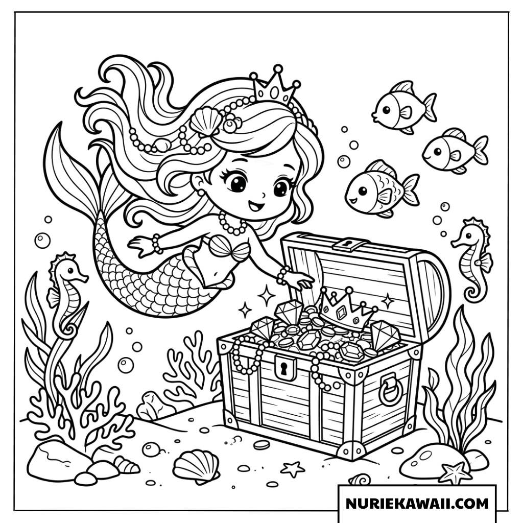 宝箱を探検するマーメイドプリンセス 塗り絵