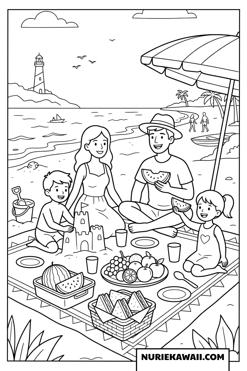 家族と海辺でピクニックを楽しむ夏の塗り絵