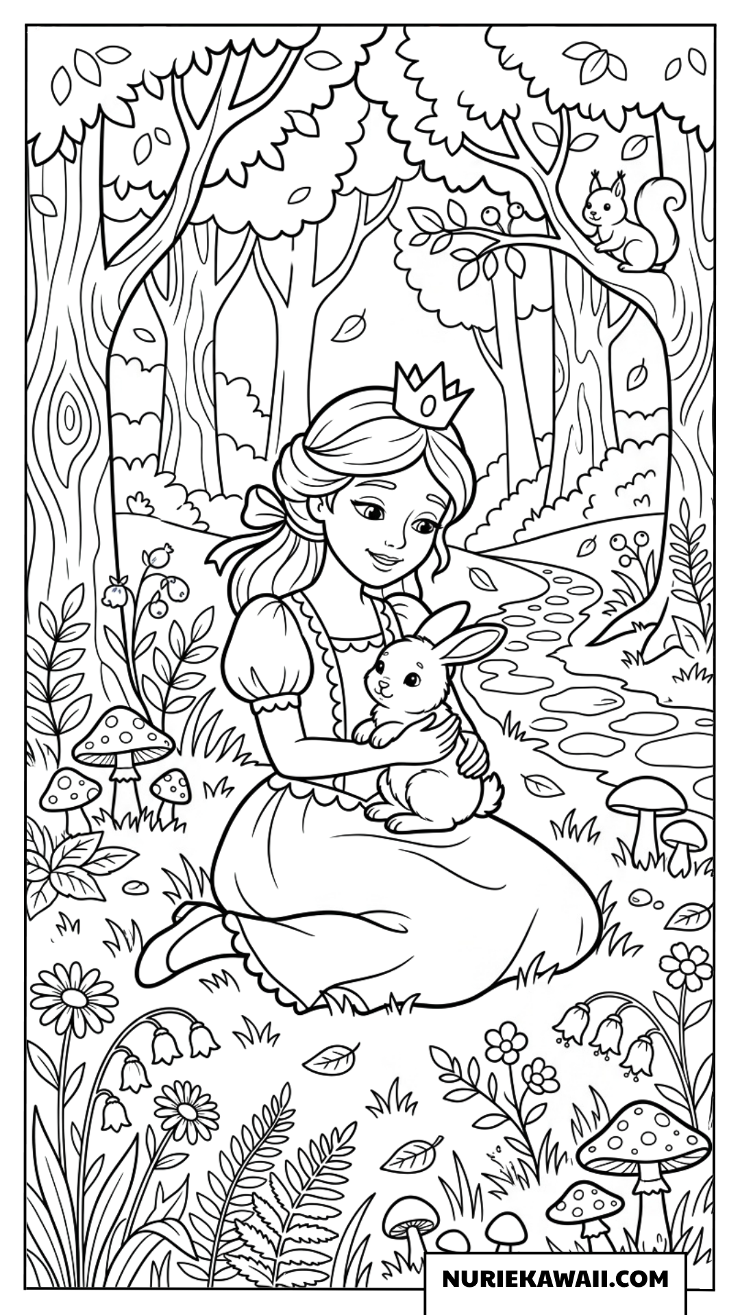 小川のほとりで子ウサギを抱くプリンセスの塗り絵