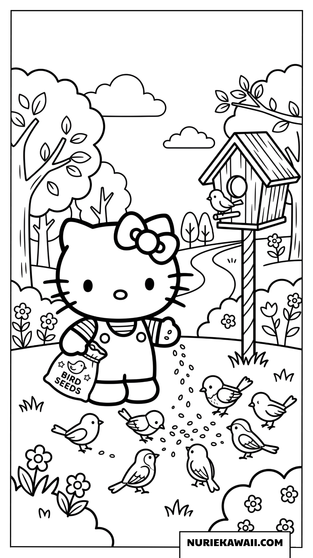 小鳥たちに餌をあげるハローキティの塗り絵