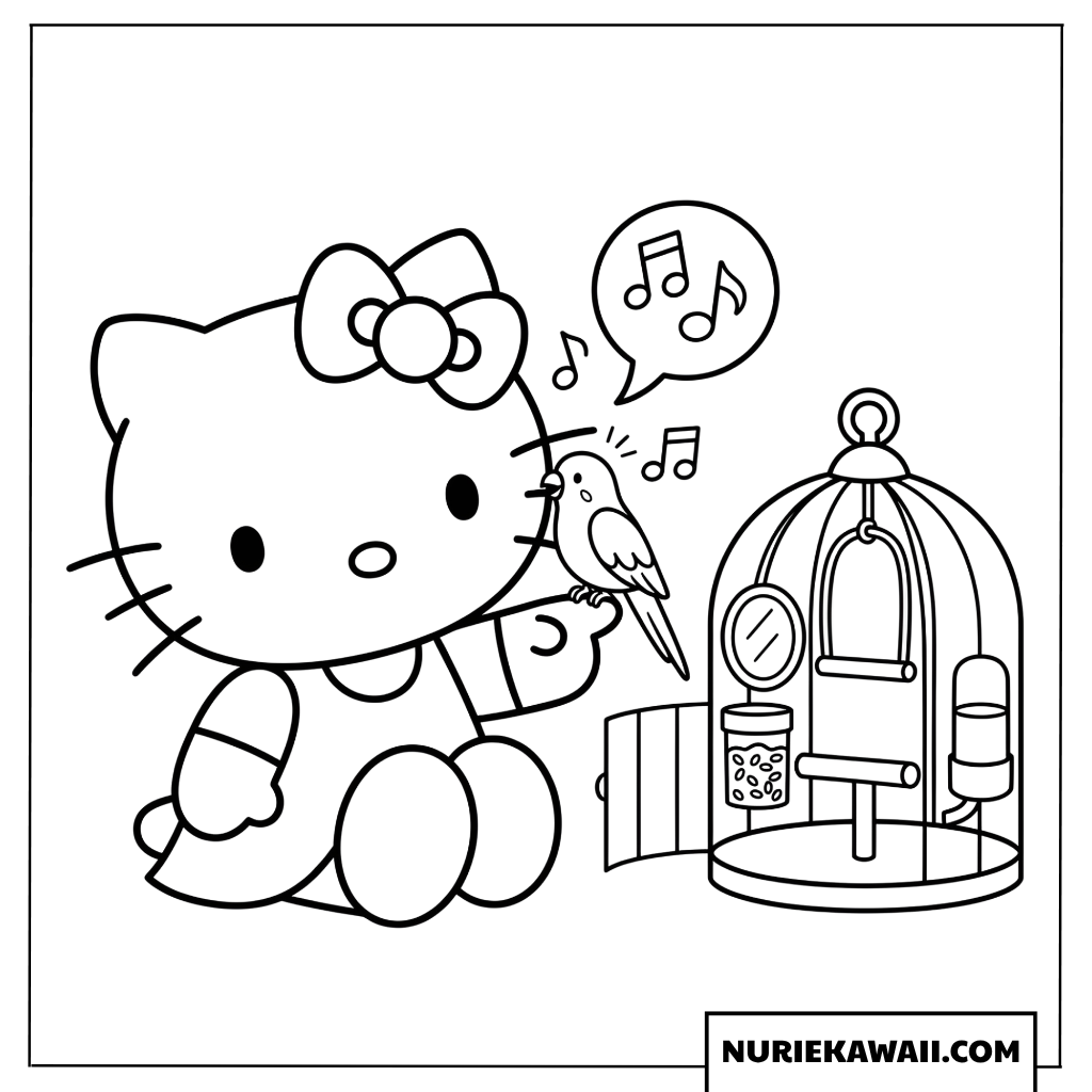 小鳥と歌を楽しむハローキティの塗り絵