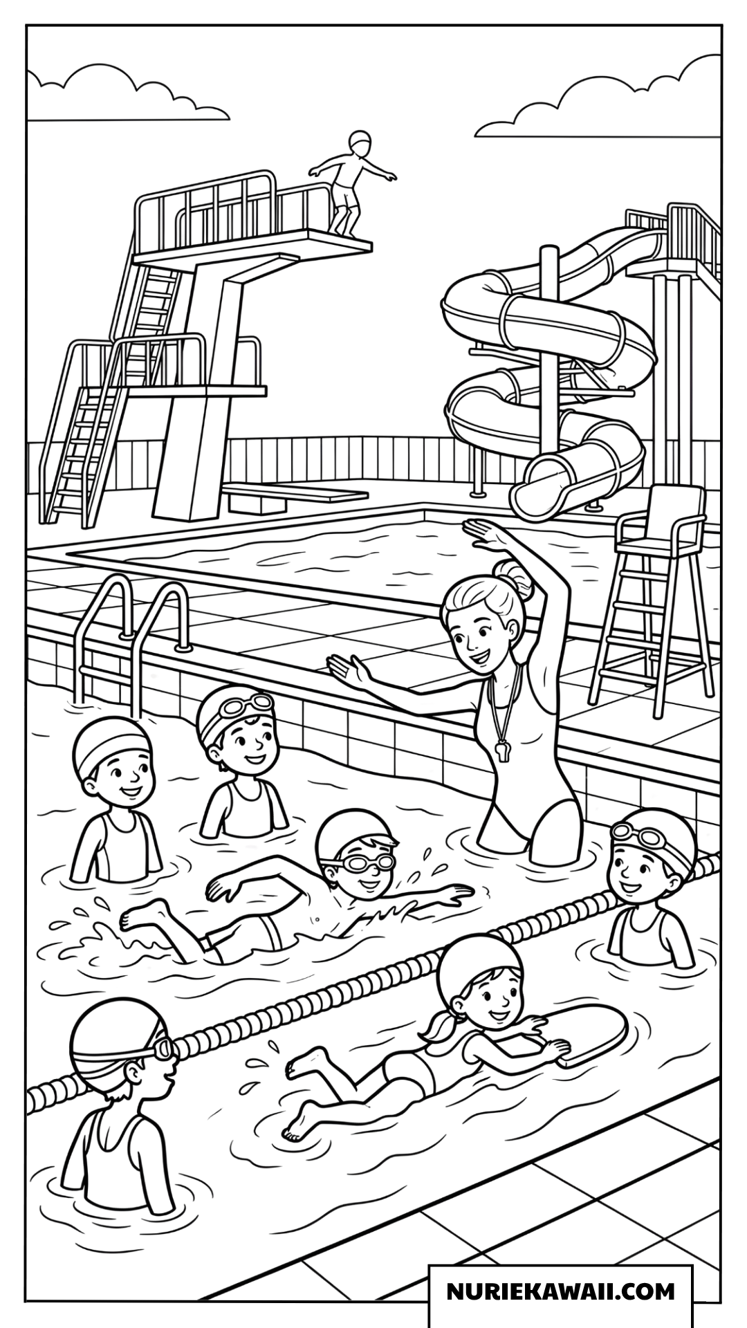 屋外プールでコーチと楽しく水泳の練習をする子供たちの塗り絵