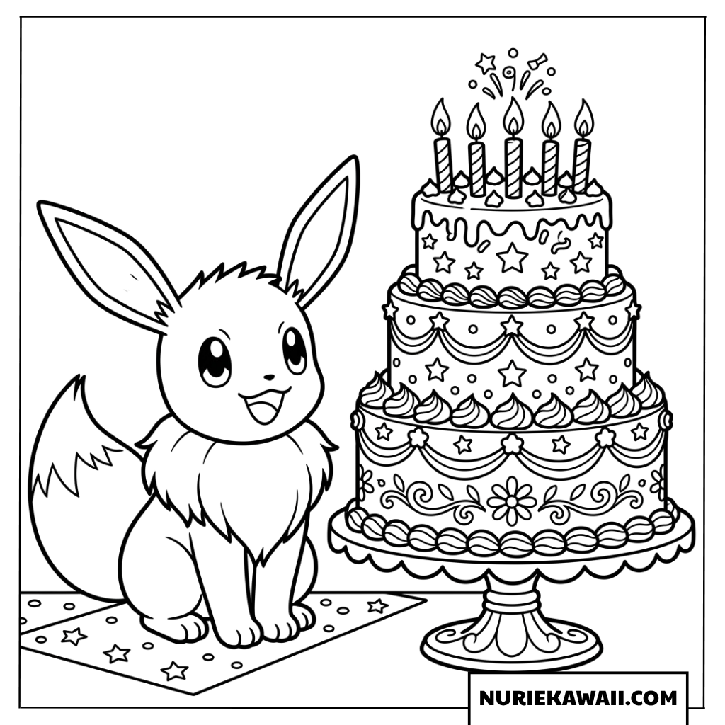 巨大な3段バースデーケーキと隣に座るイーブイの塗り絵