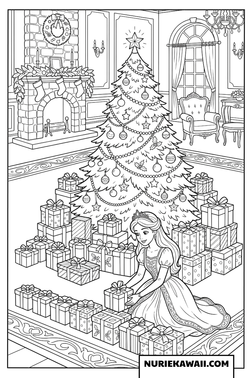 巨大なクリスマスツリーの下にたくさんのプレゼントの箱を綺麗に並べる王女の塗り絵