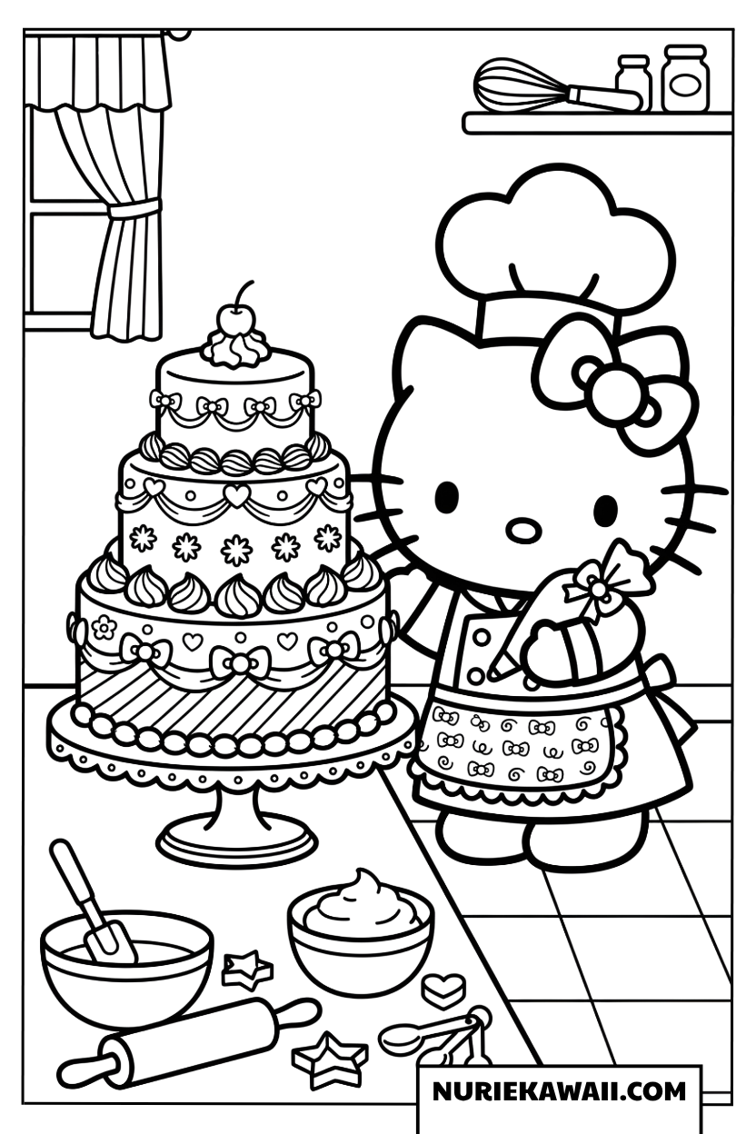 巨大なケーキをデコレーションするハローキティの塗り絵