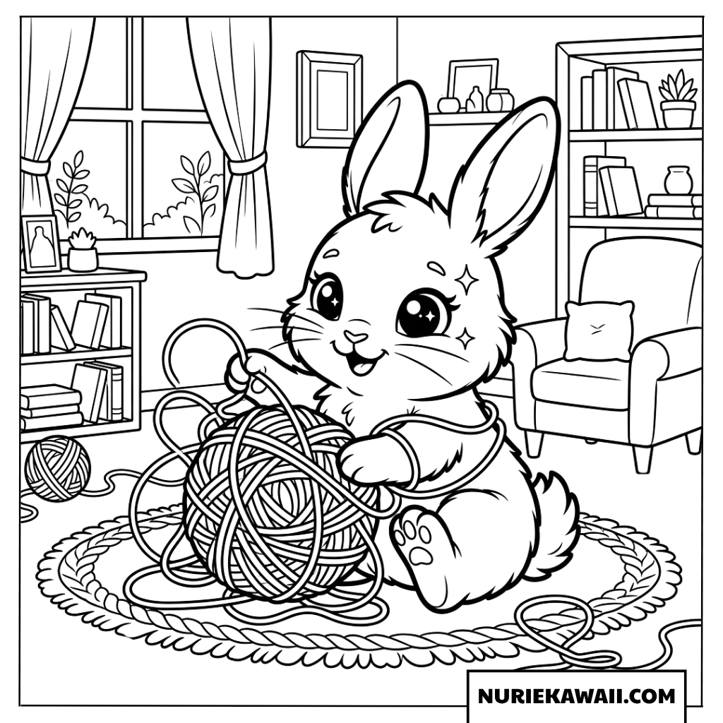 巨大な毛糸玉と遊ぶかわいいウサギの塗り絵