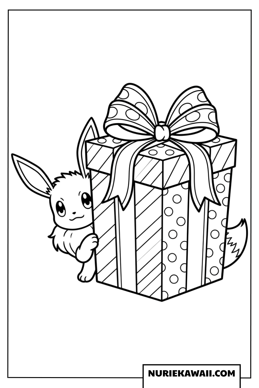 巨大な誕生日プレゼントの後ろに隠れるイーブイの塗り絵