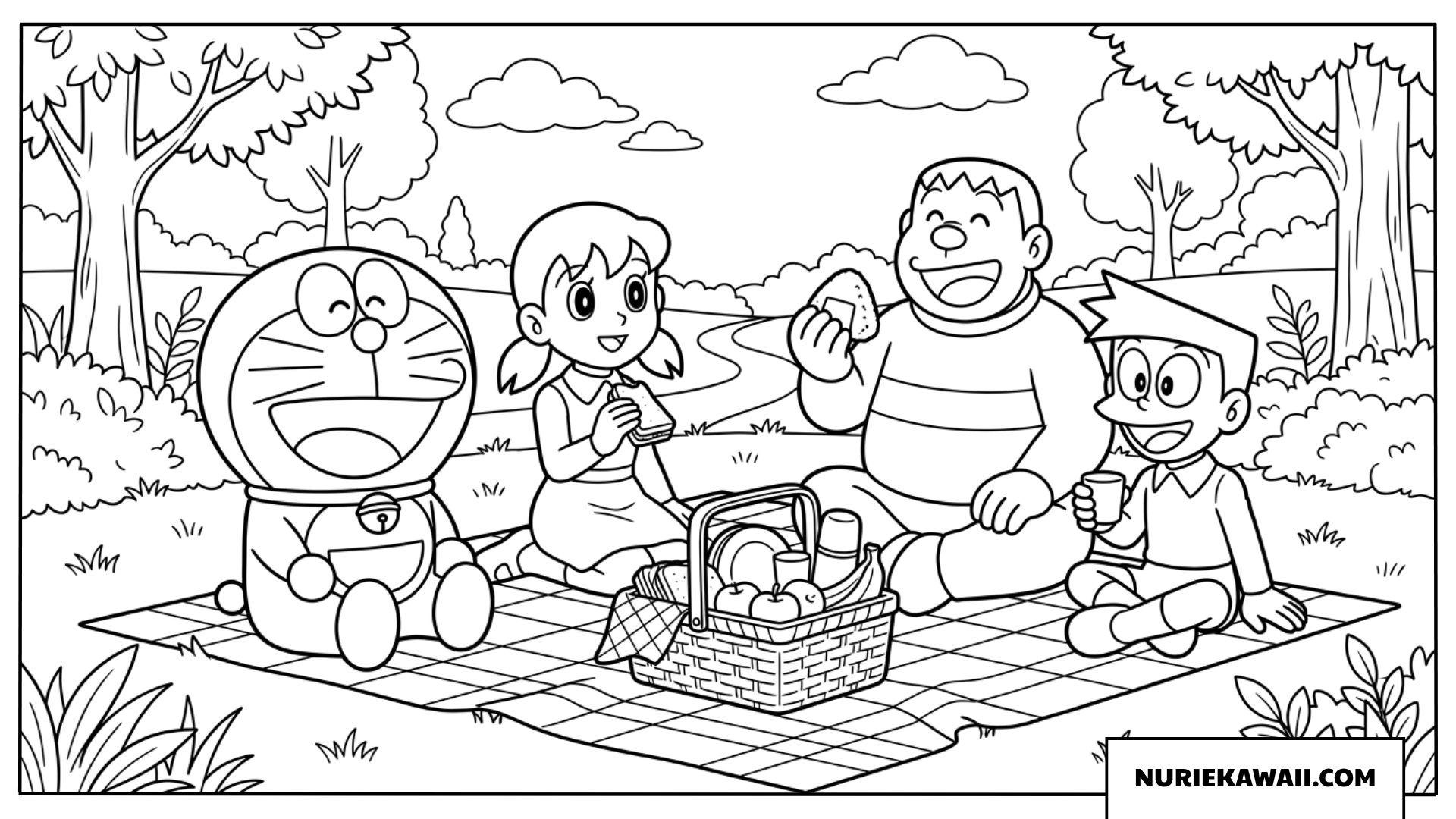 広場でみんなとお弁当を食べるピクニック塗り絵