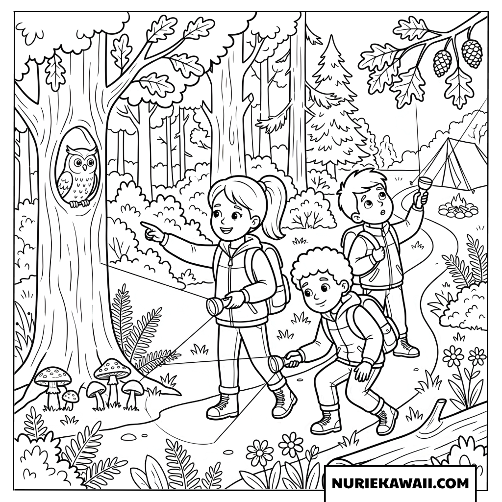 懐中電灯で夜の森を探索して小さなフクロウを見つける子供たちの塗り絵