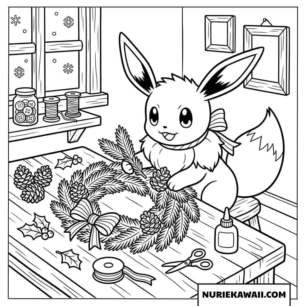手作りでクリスマスリースを製作中のイーブイの塗り絵