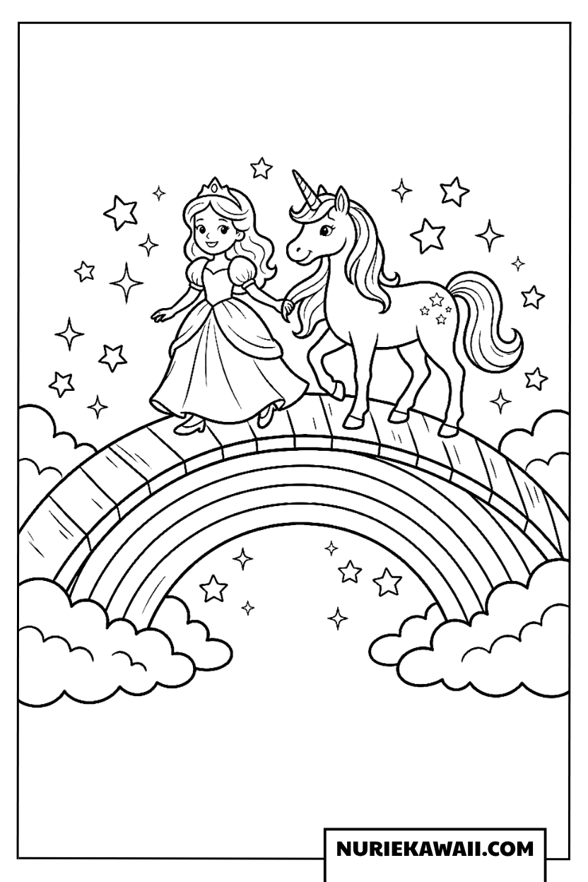 星の虹の橋を歩くプリンセスとユニコーンの塗り絵