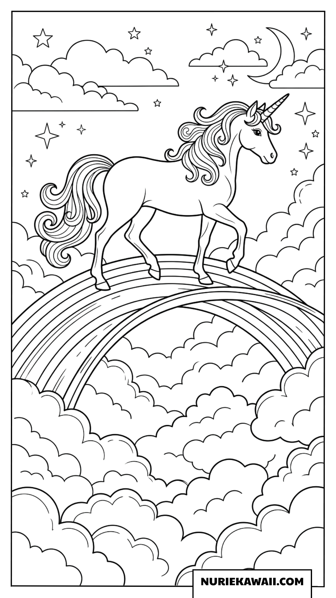 星空と虹の上を歩く優雅なユニコーンの塗り絵