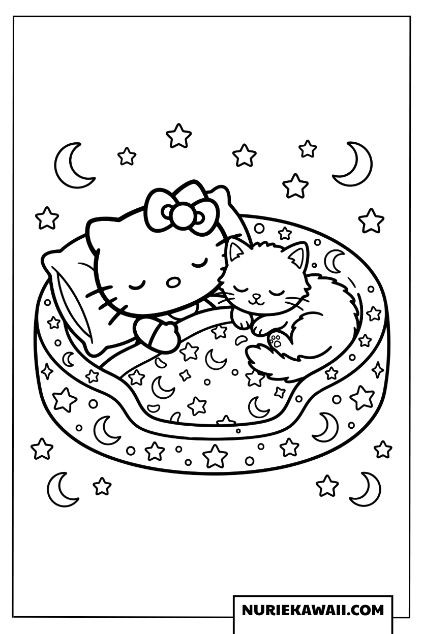 星空の下で眠るハローキティと子猫の塗り絵