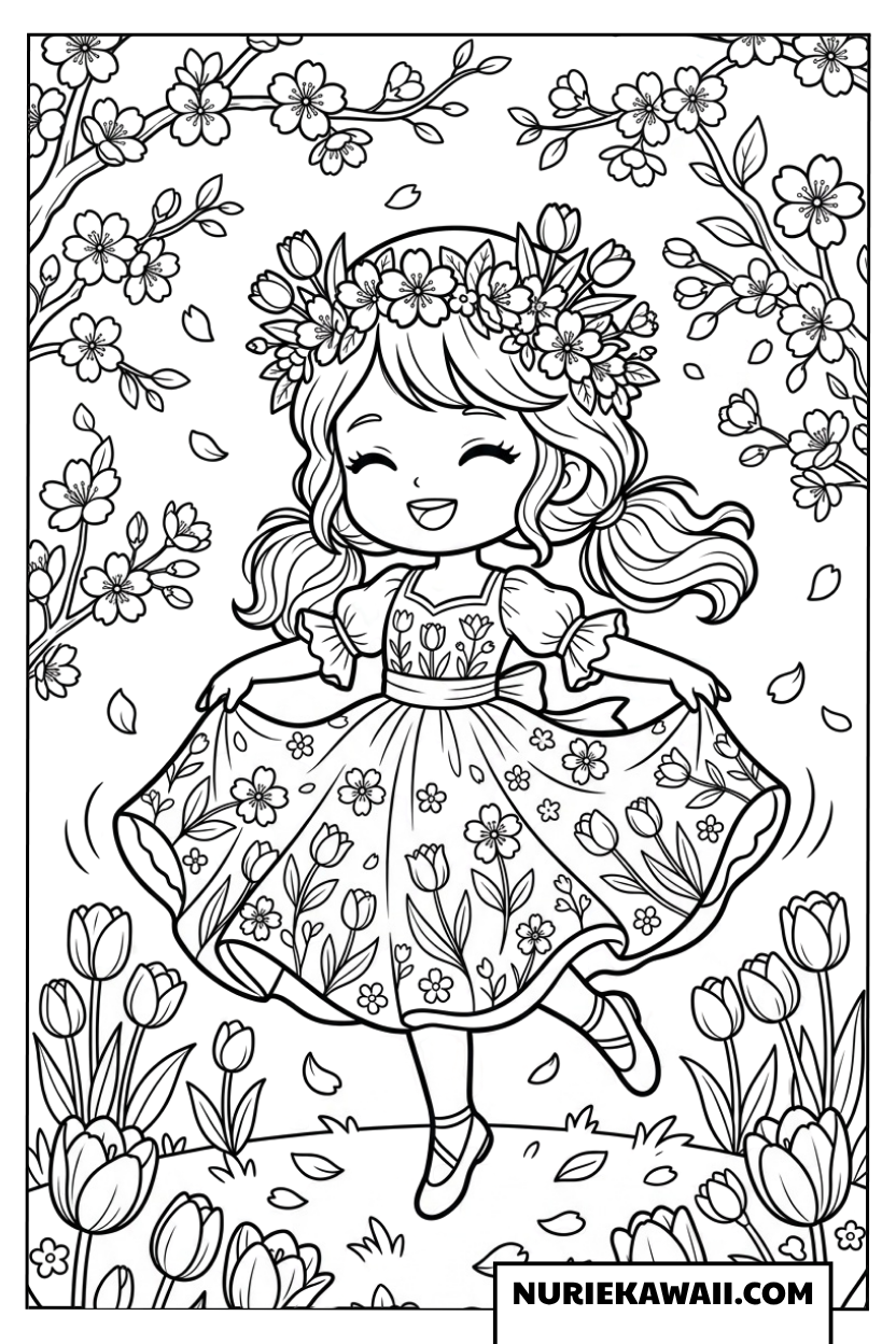 春のチューリップ畑で楽しそうに踊るプリンセスの塗り絵