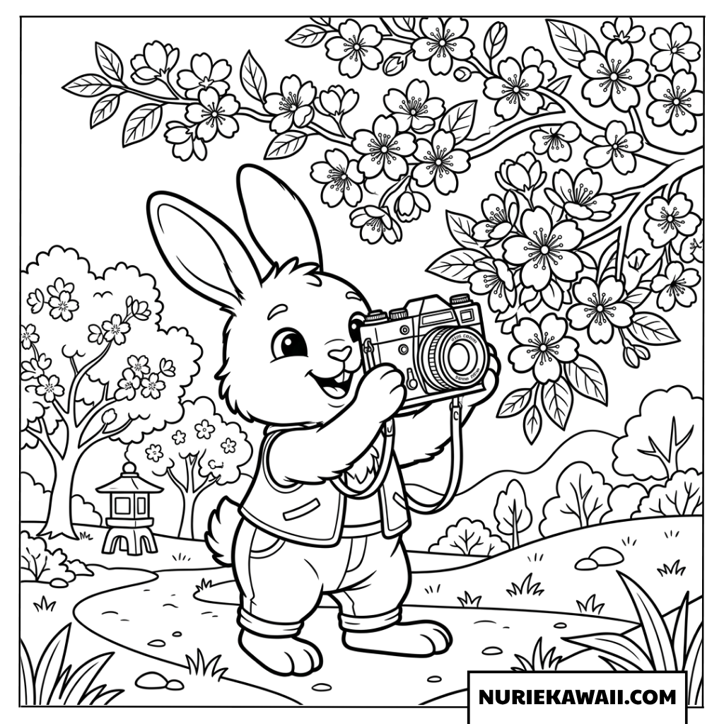 春の景色を撮影する写真家うさぎの塗り絵