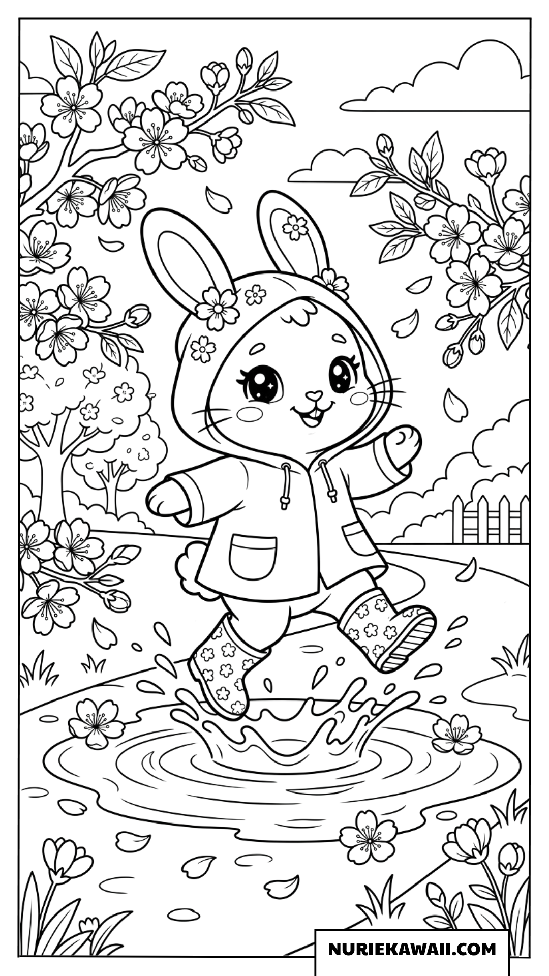 春の桜の下でレインコートを着て水たまりを跳ねるウサギの塗り絵
