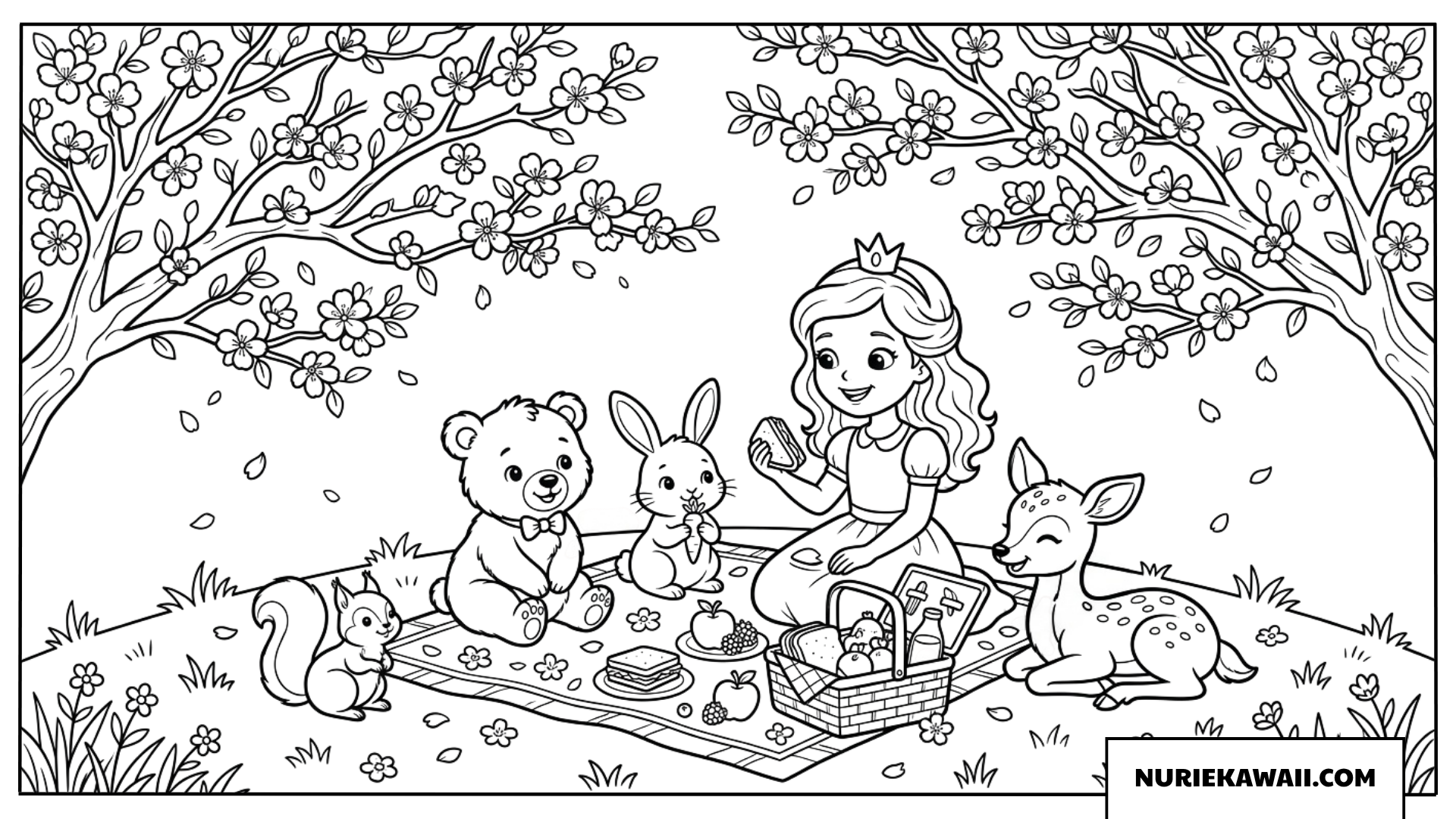 春の桜の下で動物たちとピクニックをするプリンセスの塗り絵
