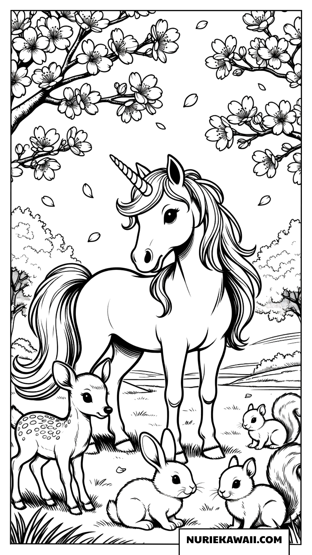 春の森と動物たちとユニコーンの塗り絵