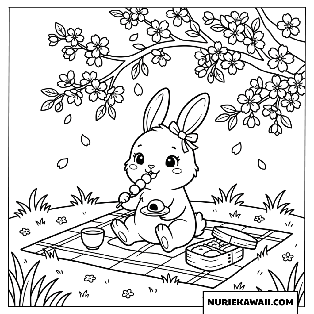 春の花の下でお花見団子を食べるうさぎの塗り絵