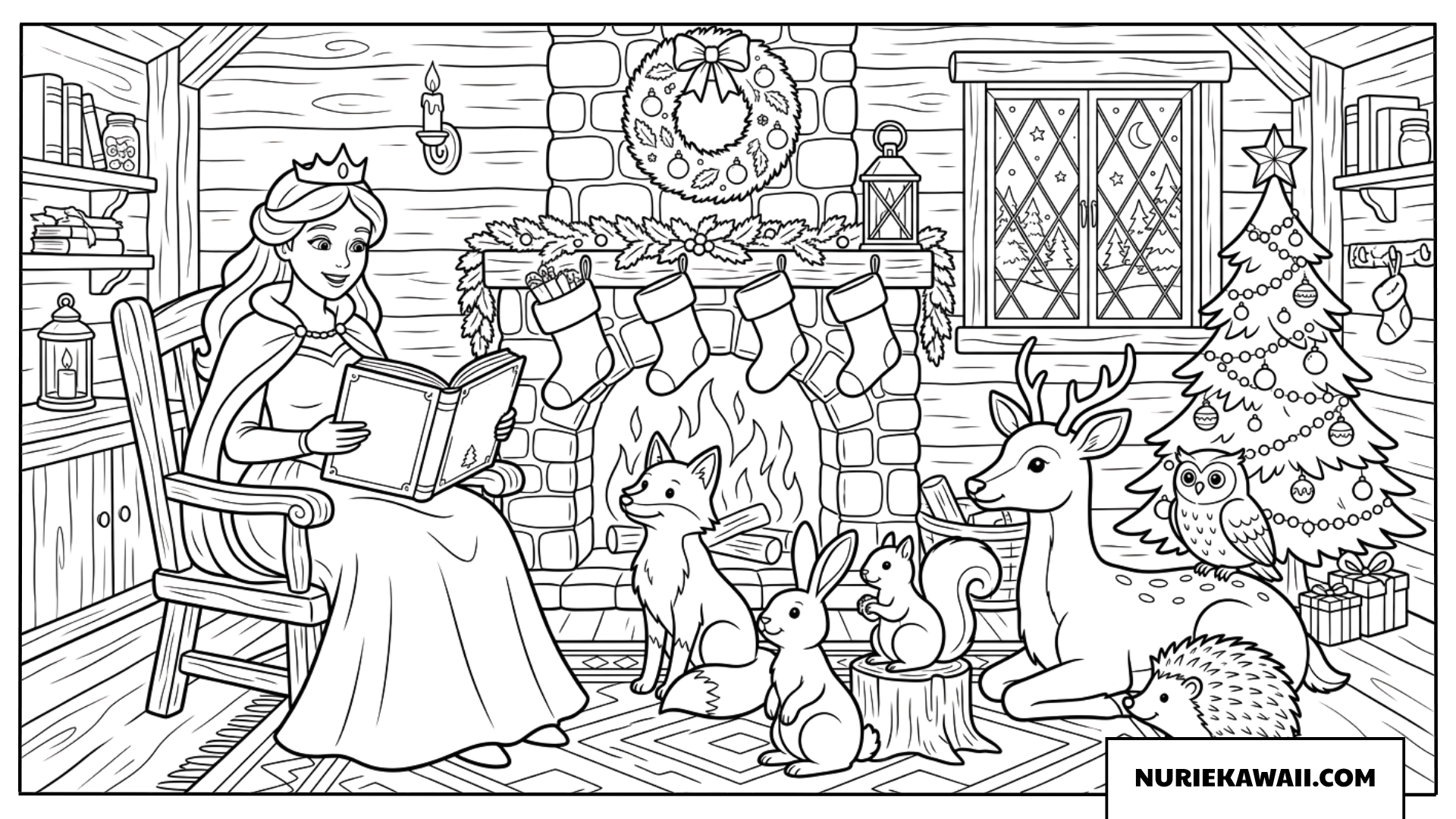 暖炉のそばで森の動物たちにクリスマスの絵本を読み聞かせる優しいお姫様の塗り絵