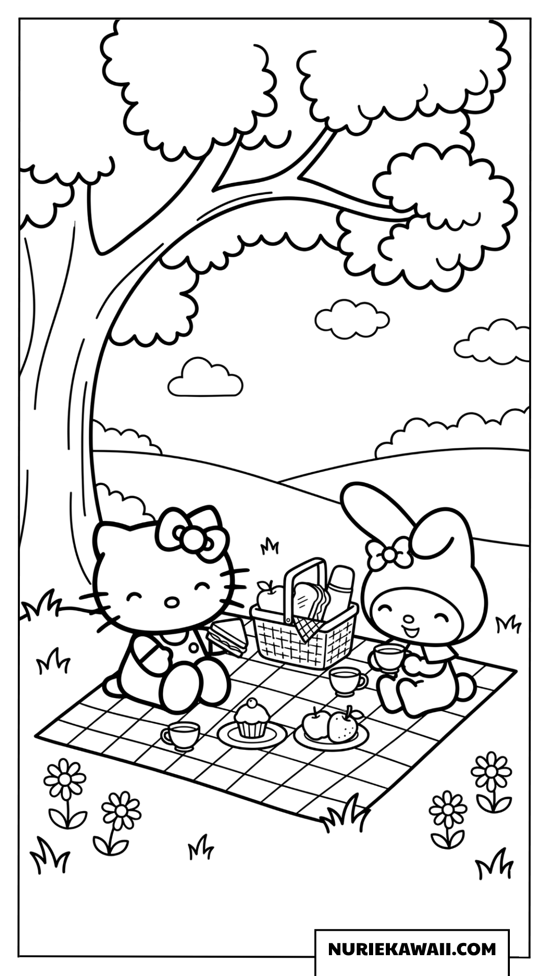 木の下でピクニックを楽しむハローキティとマイメロディの塗り絵