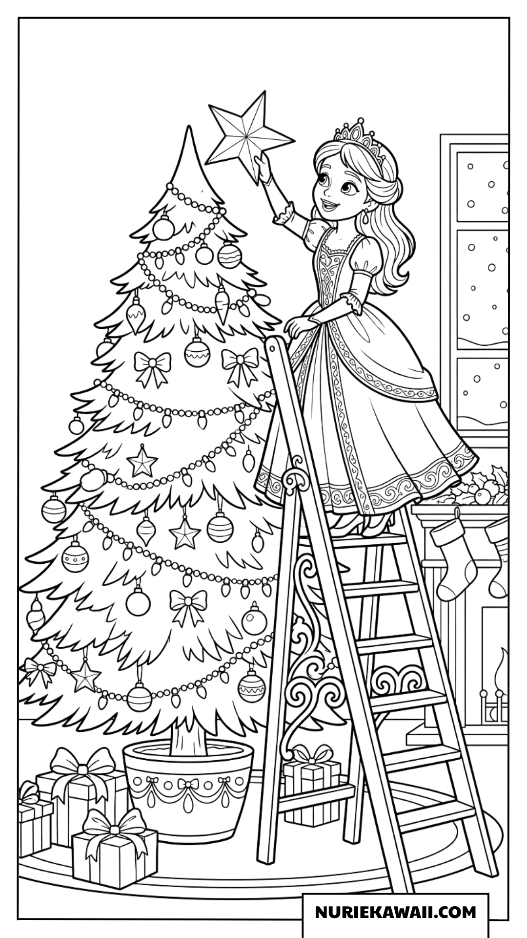 木の梯子に登ってクリスマスツリーの頂点に大きな星を飾る美しいプリンセスの塗り絵