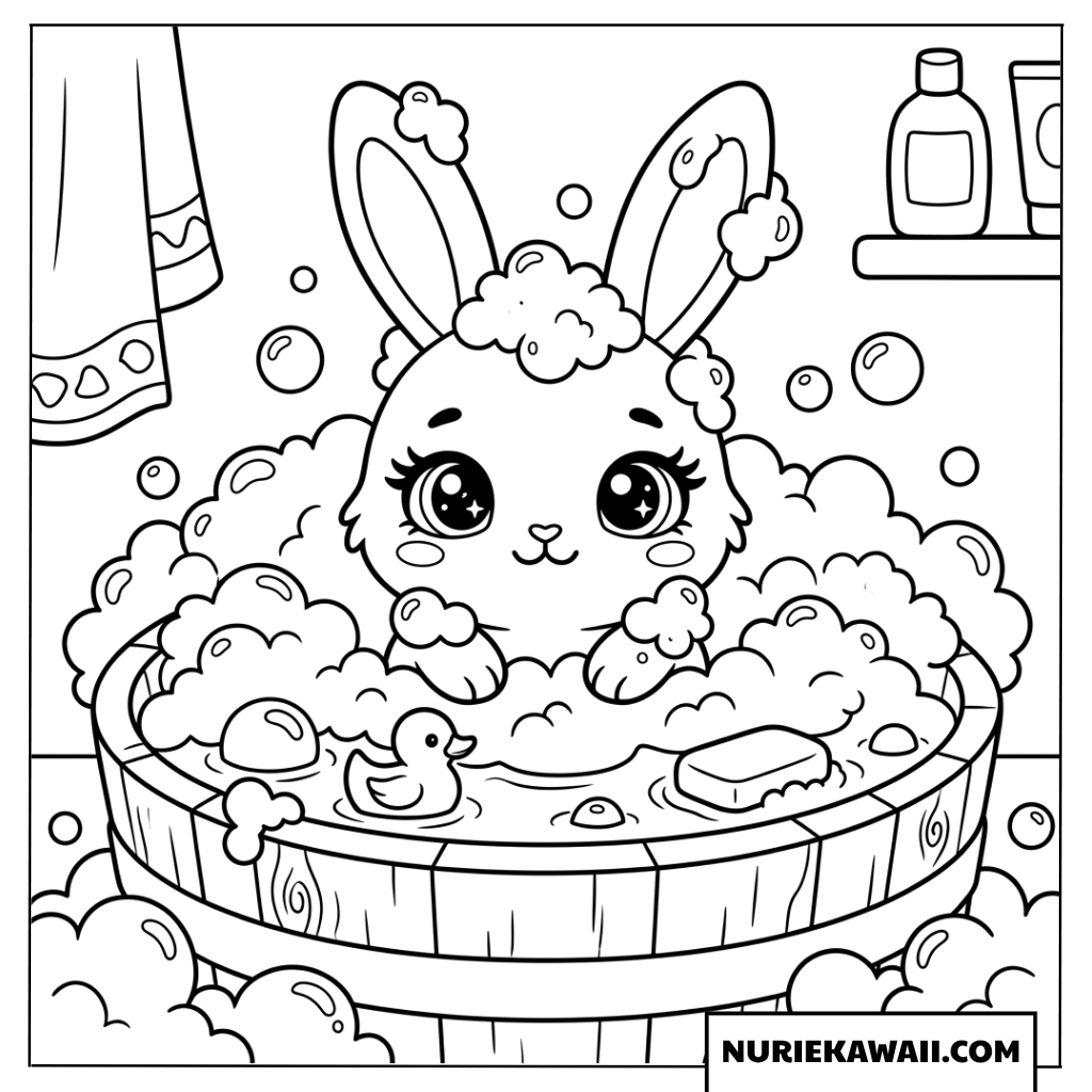 木製の浴槽で入浴する小さなウサギの塗り絵