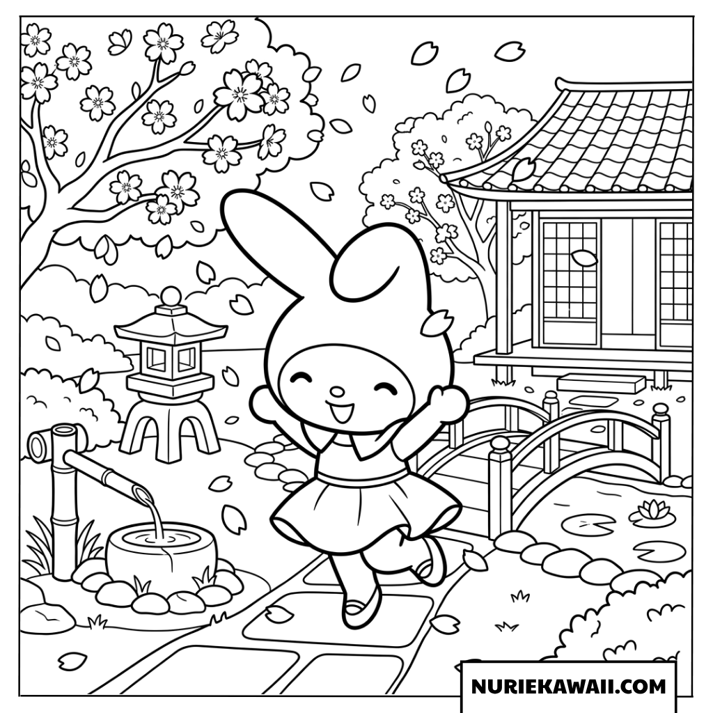 桜が舞う日本庭園で踊るマイメロディの塗り絵