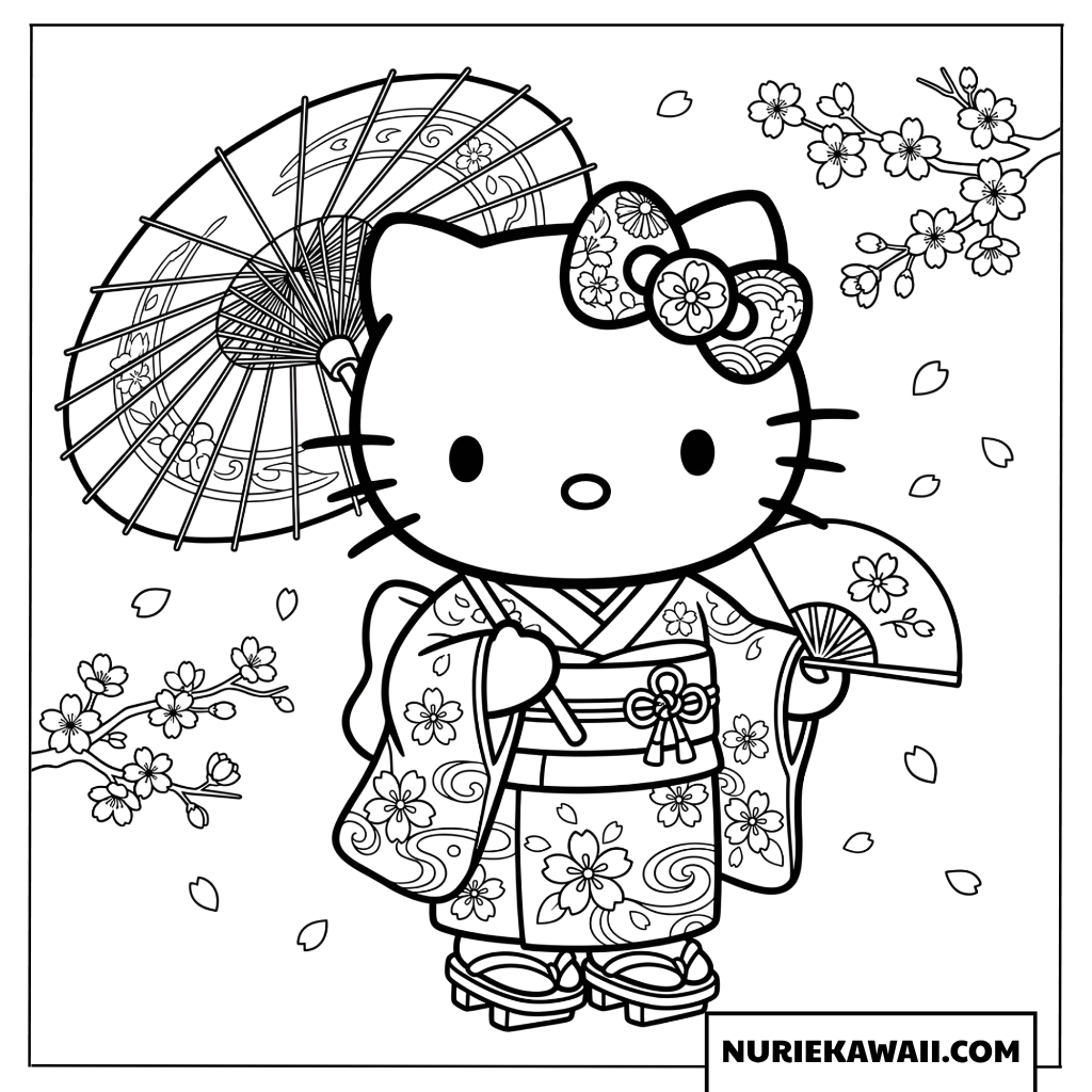 桜の下で伝統的な着物を着たハローキティの塗り絵