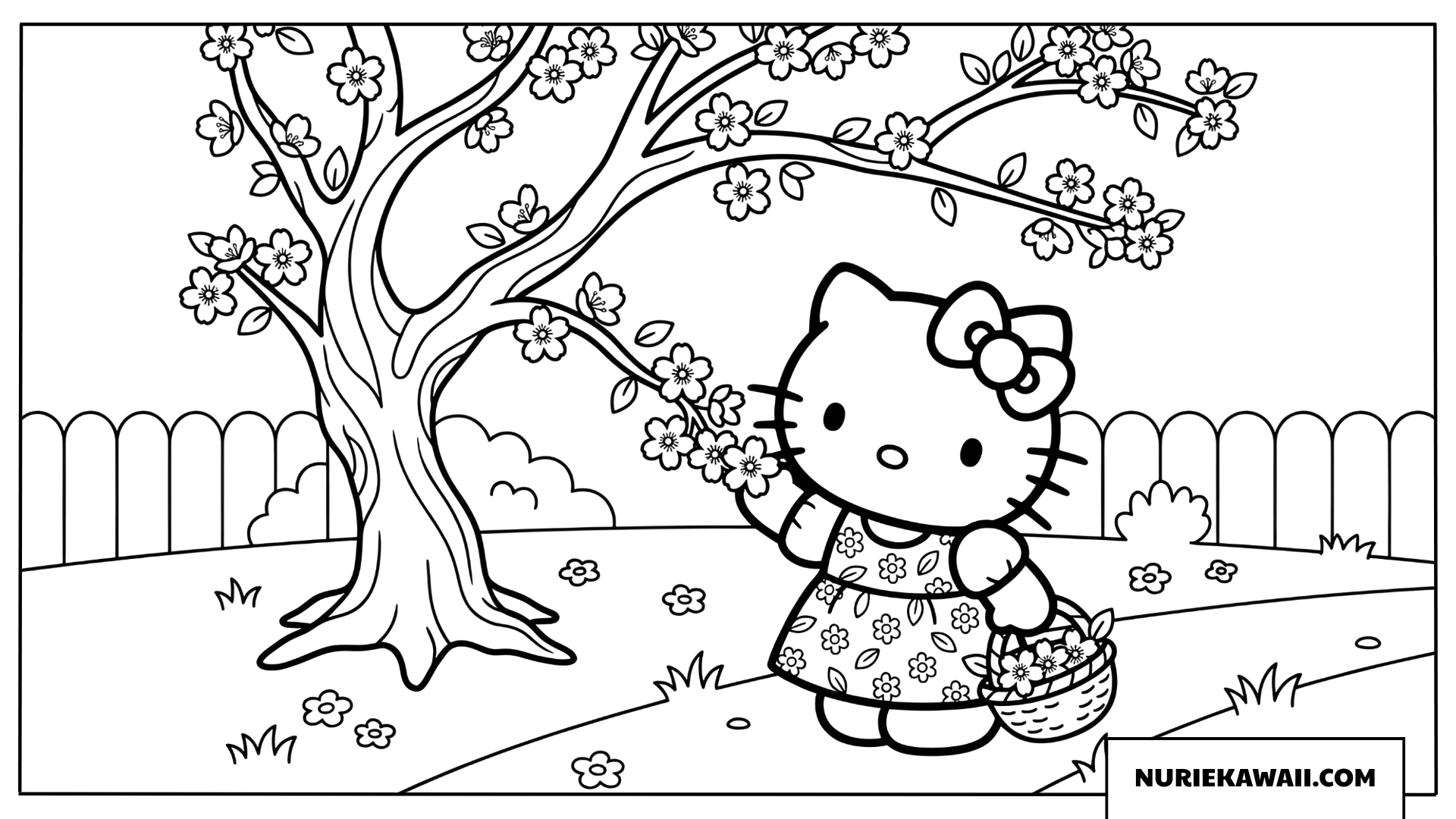 桜の木の下でお花柄のワンピースを着たハローキティの塗り絵