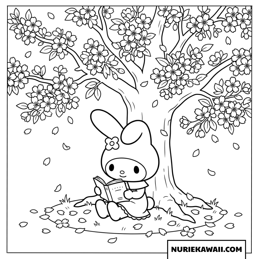 桜の木の下で本を読むマイメロディの塗り絵
