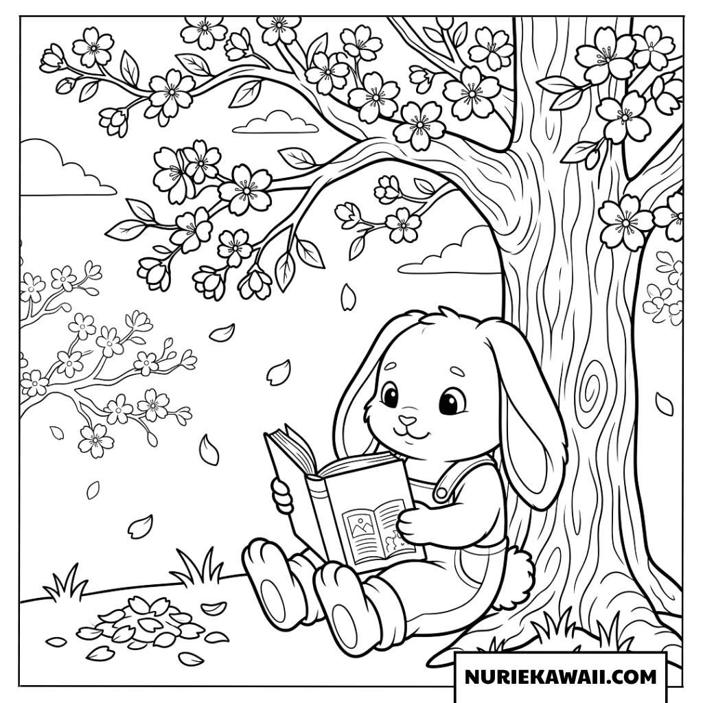 桜の木の下で静かに本を読むうさぎの塗り絵