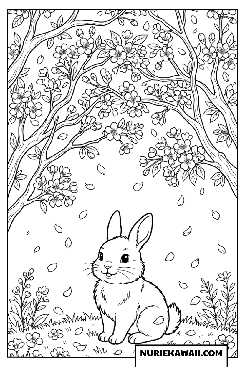 桜の木の下に座るウサギの春の塗り絵