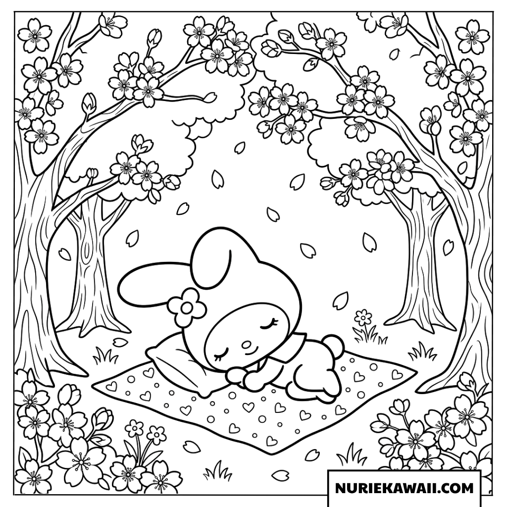 桜の森で昼寝をするマイメロディの可愛い塗り絵
