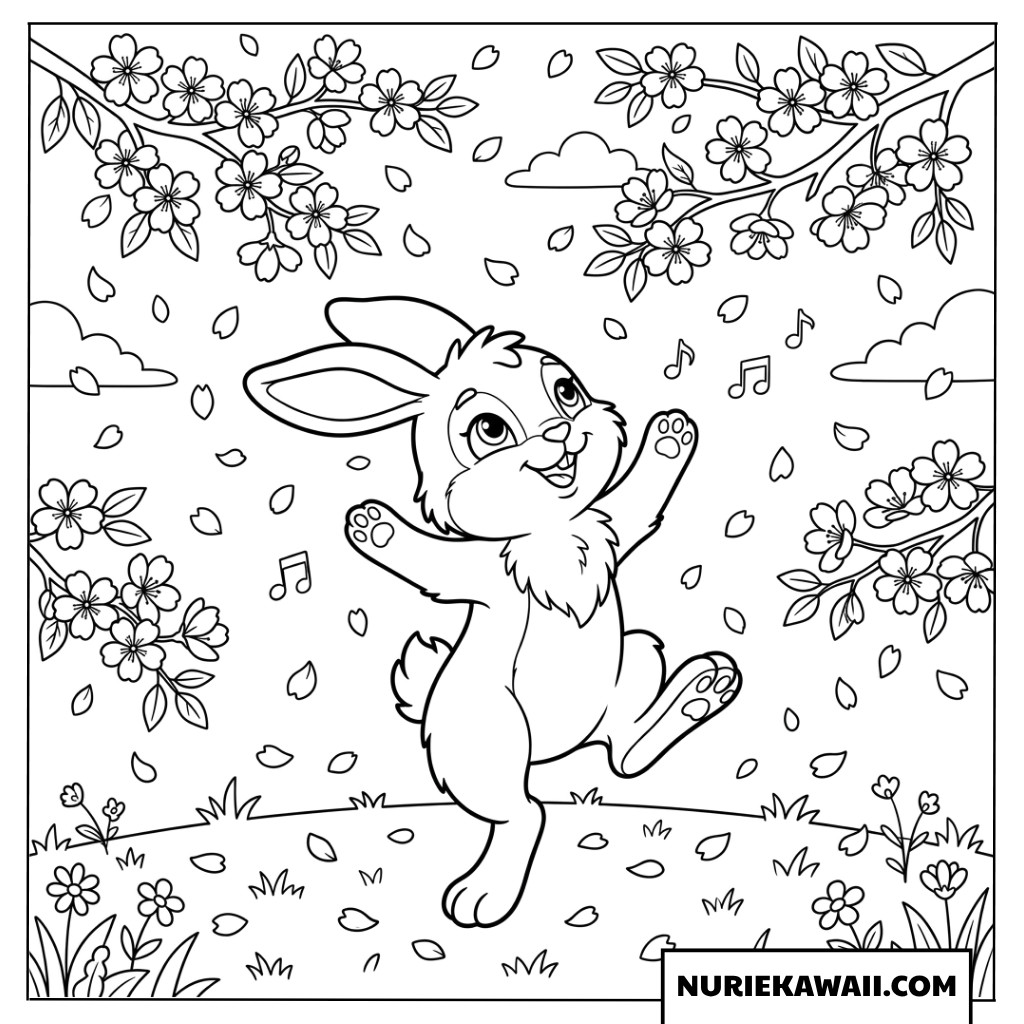桜の舞い散る中で楽しそうに踊るうさぎの塗り絵