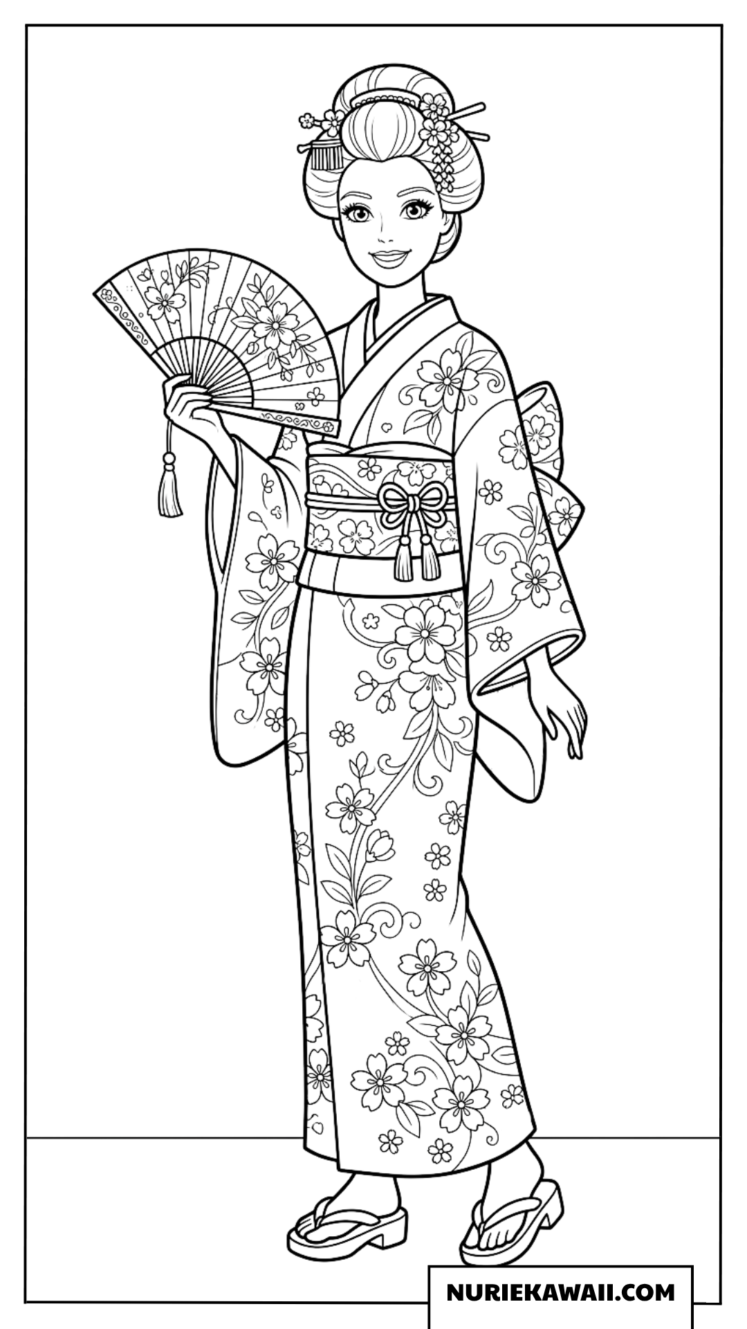 桜模様の華やかな着物を着た春のバービーの塗り絵