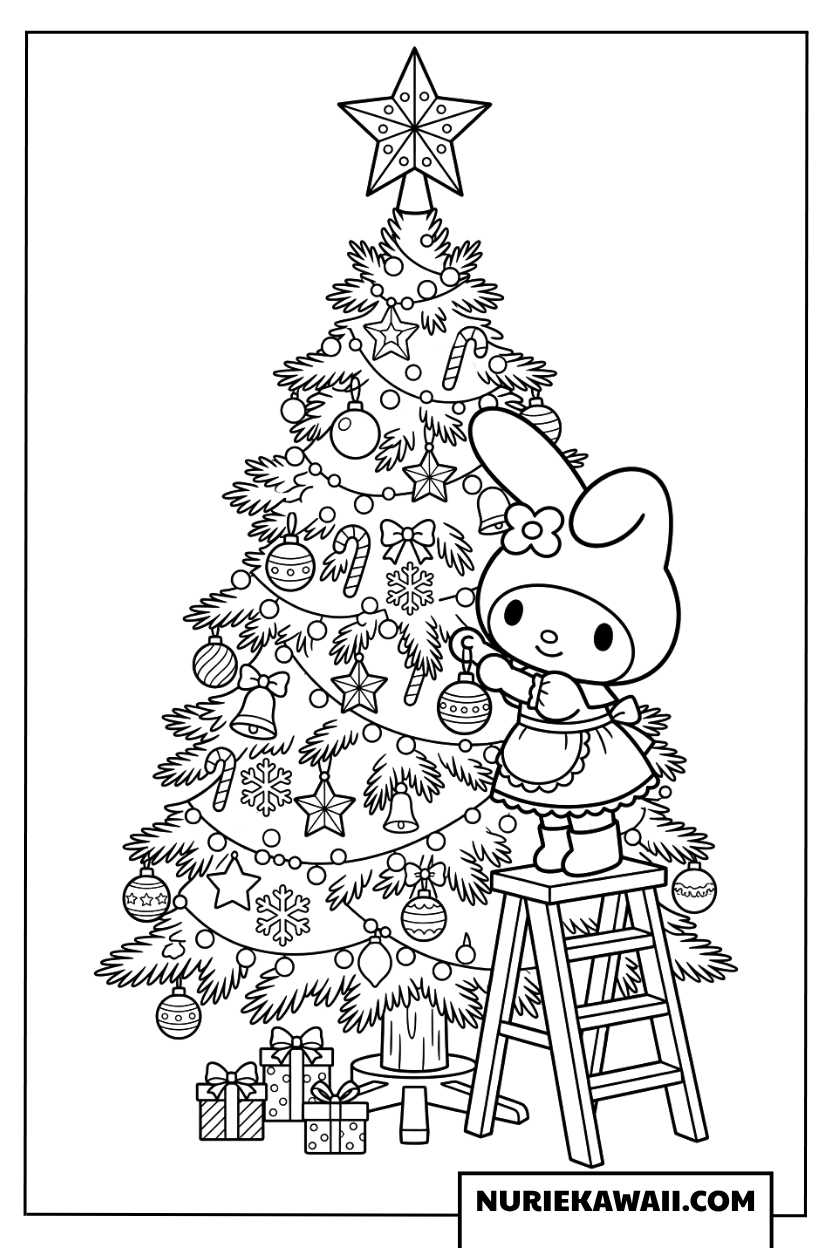 梯子に乗ってクリスマスツリーを飾り付けるマイメロディの塗り絵