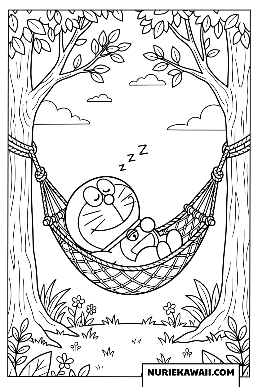 森の中でハンモックで眠るドラえもんの塗り絵
