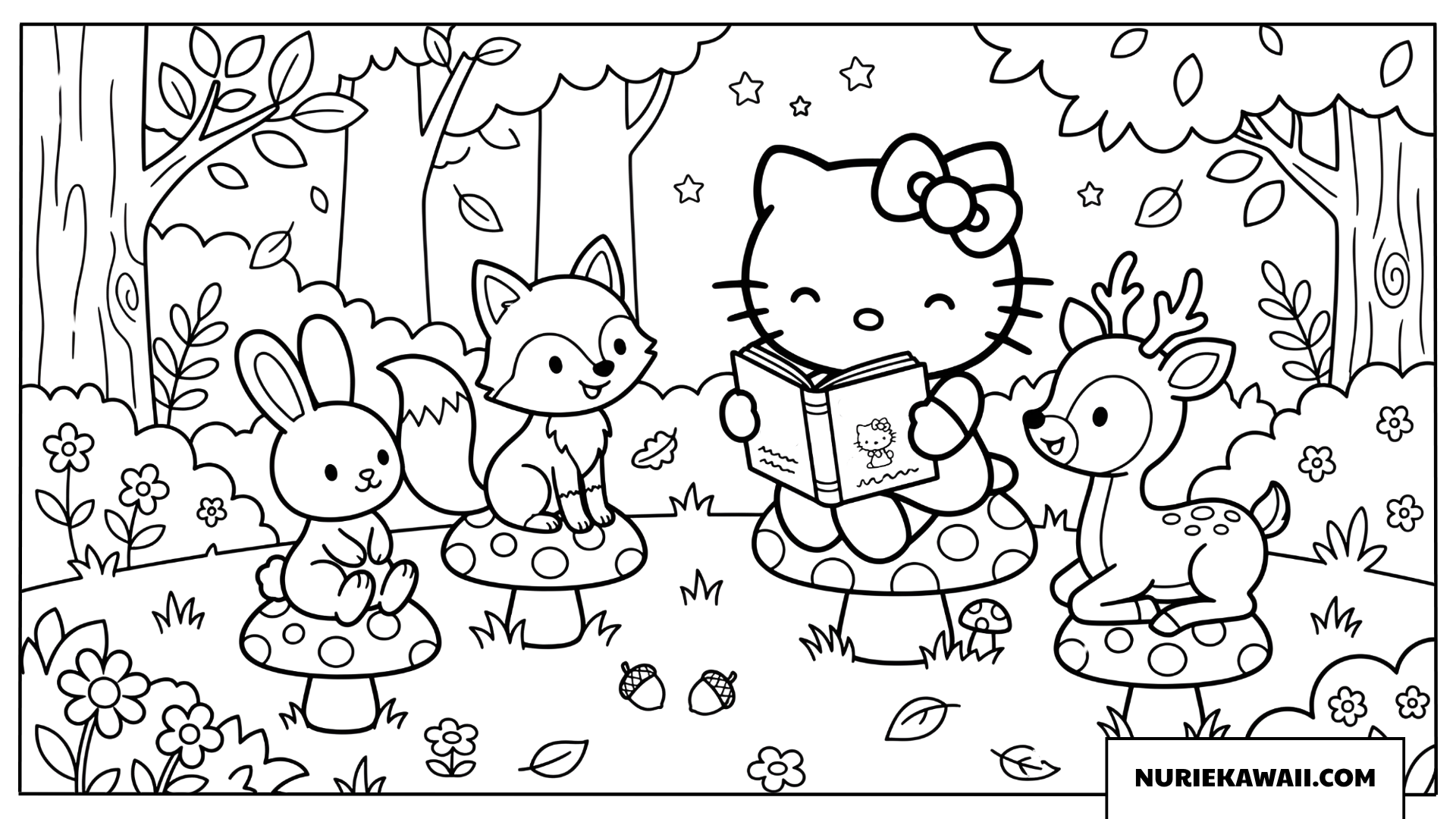 森の仲間たちに読み聞かせをするハローキティの塗り絵
