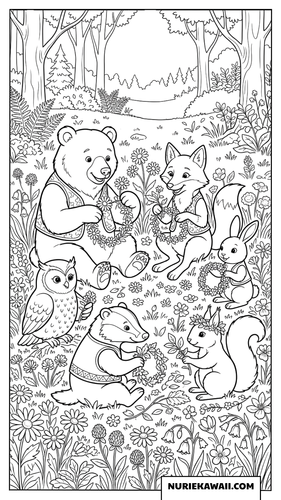 森の動物たちが集まって春の花冠を優しく編んでいる塗り絵