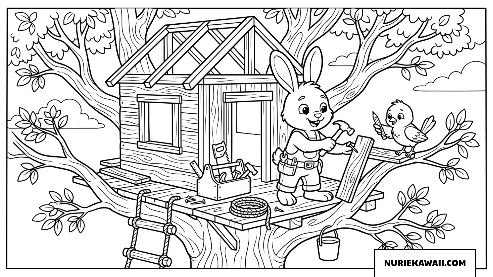森の木の上に家を建てるウサギと小鳥の塗り絵