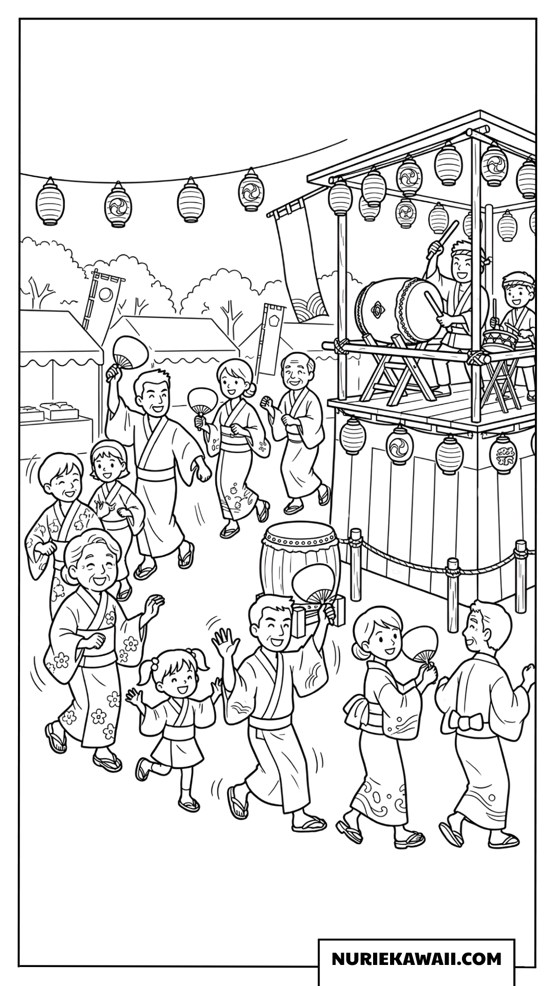 櫓の周りで盆踊りを楽しむ人々の夏祭り塗り絵