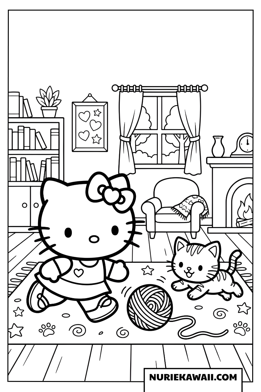 毛糸玉で遊ぶハローキティと子猫の塗り絵