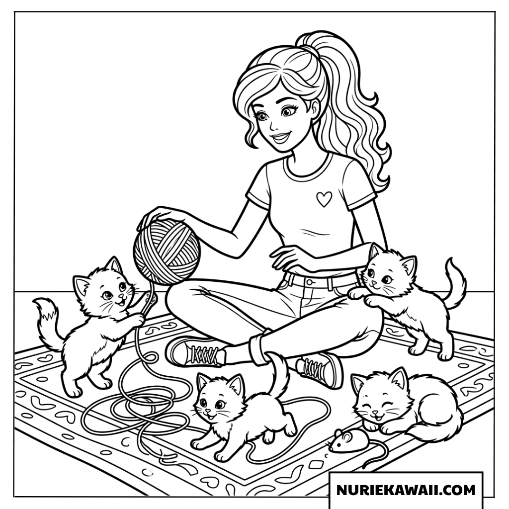 毛糸玉を使って元気な子猫たちと楽しく遊ぶバービーぬりえ