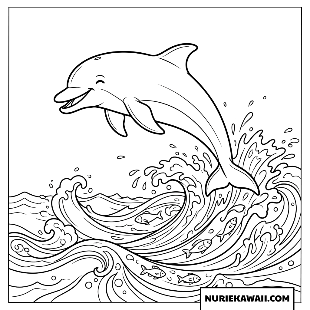 波の上を元気にジャンプするイルカの夏の塗り絵